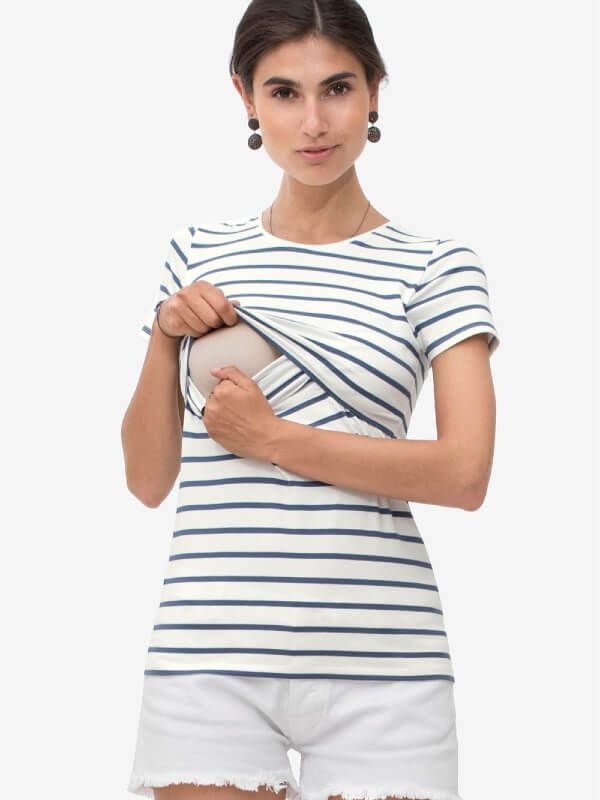 Tricou sarcină şi alăptare Noor, alb dungi