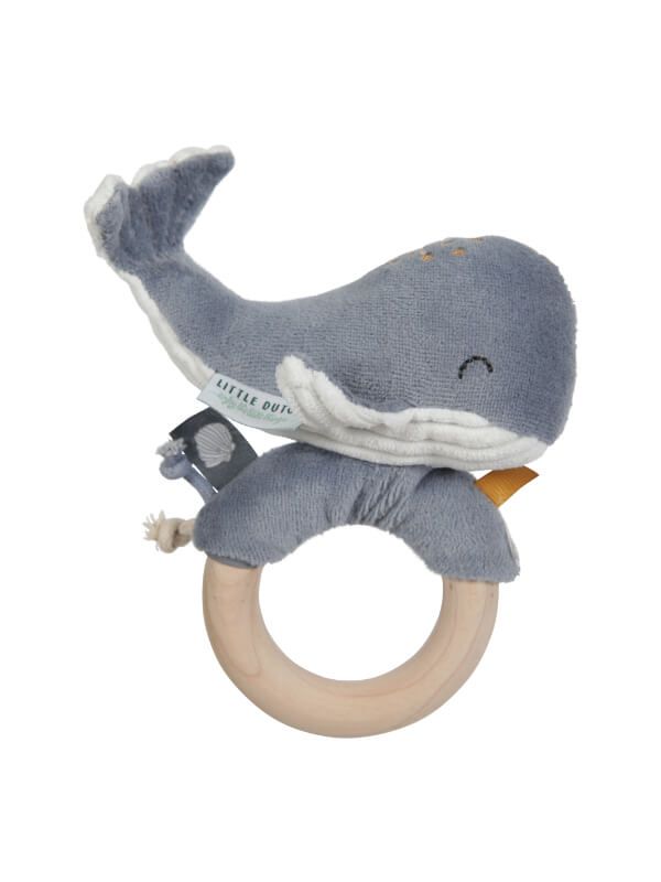Jucărie zornăitoare cu inel din lemn Balena Ocean Blue