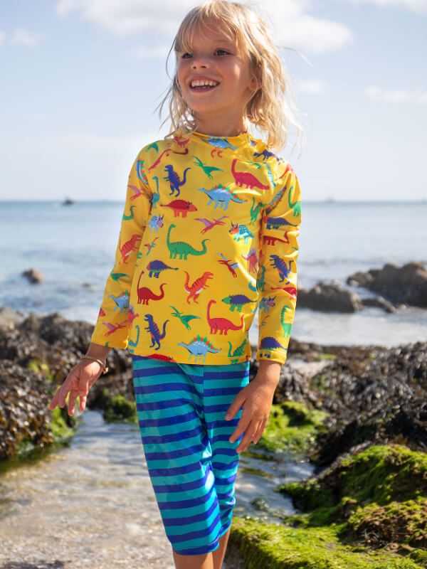 Set bluză şi pantaloni plajă Dino Roar Tropical Stripe